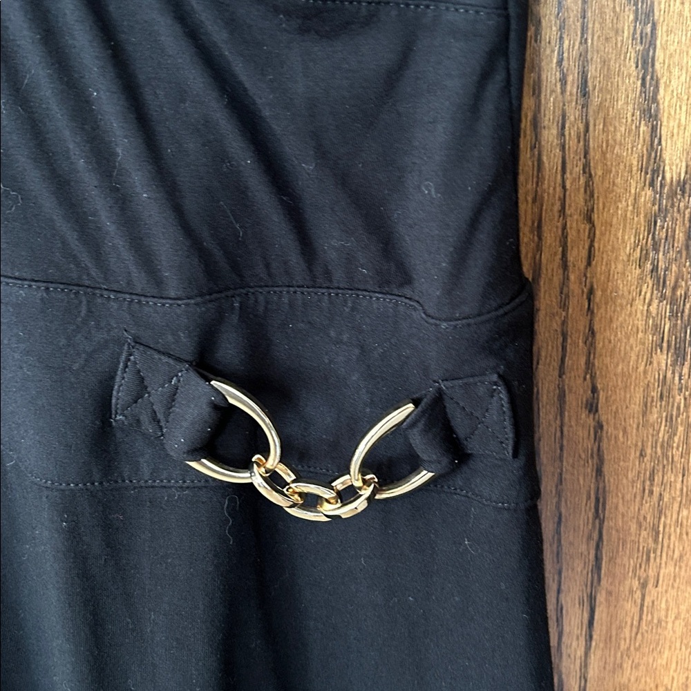 Cache black faux wrap knee length dress gold accents flattering short Small - Picture 4 of 5
